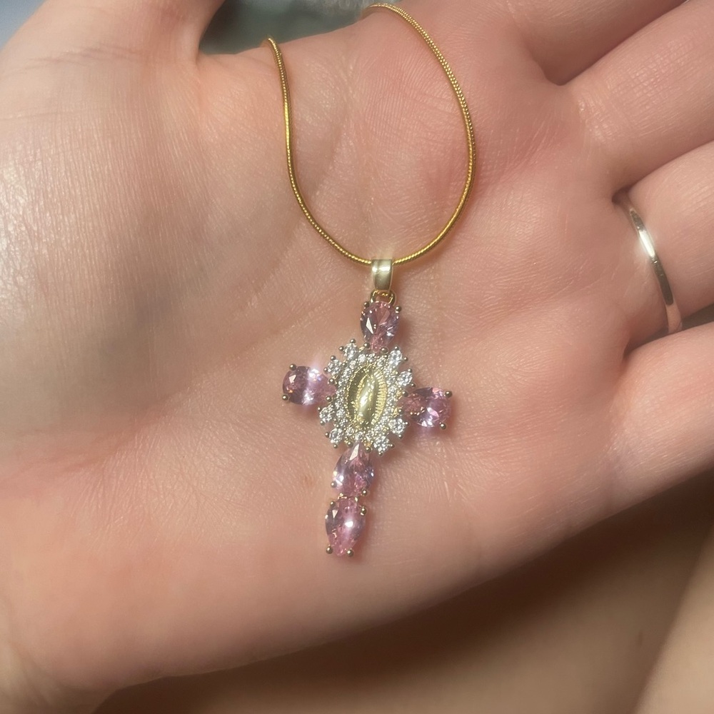 Gold Cross Pendant Necklace with Pink Gemstones